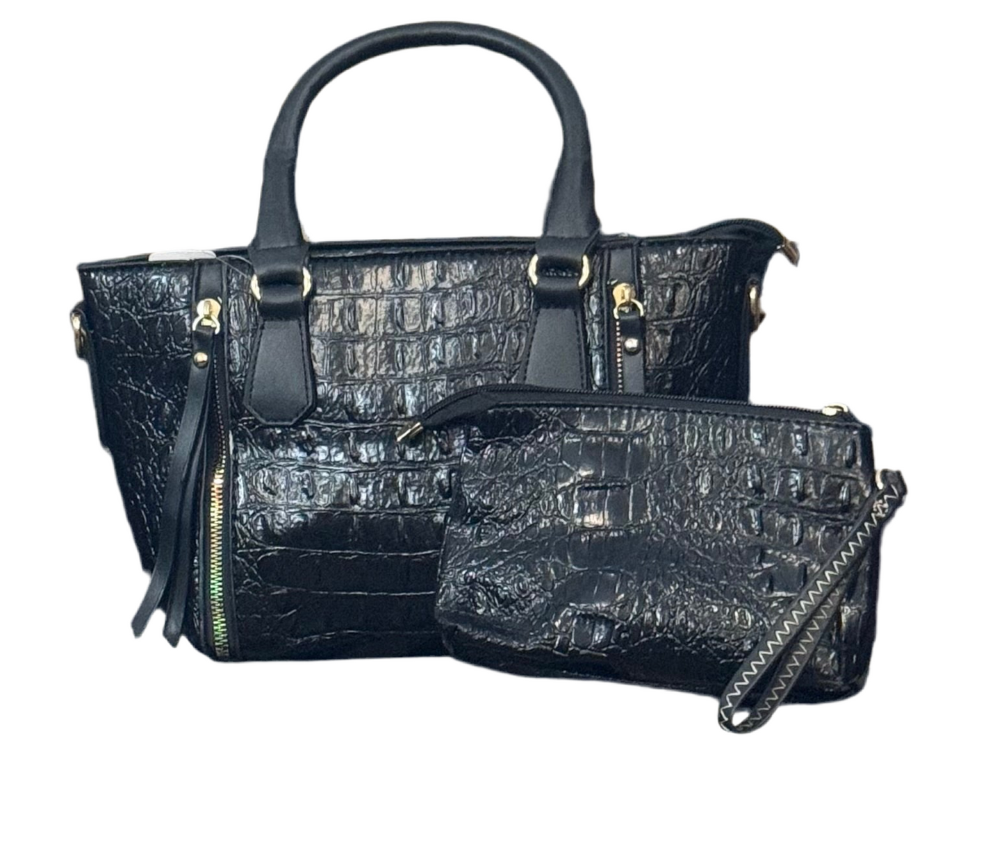 Black Croc Tote Pouch Set