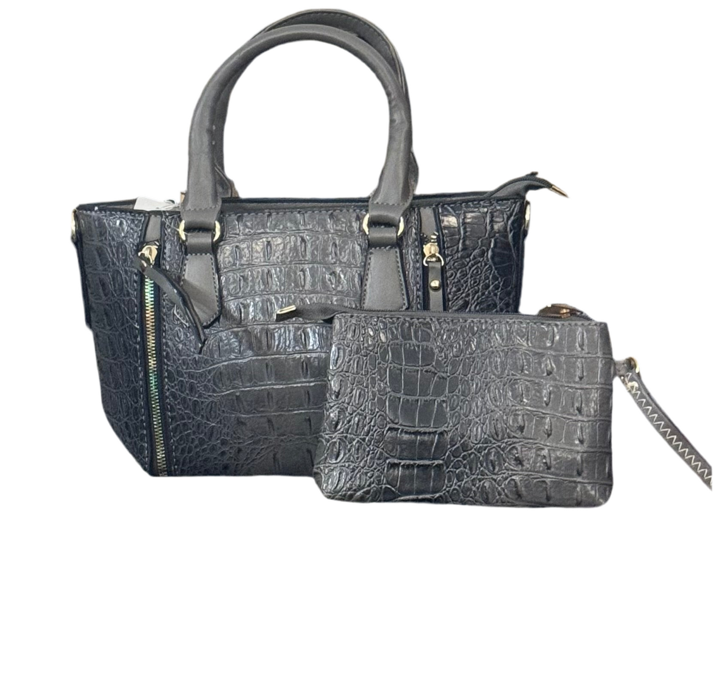 Gray Croc Tote Pouch Set