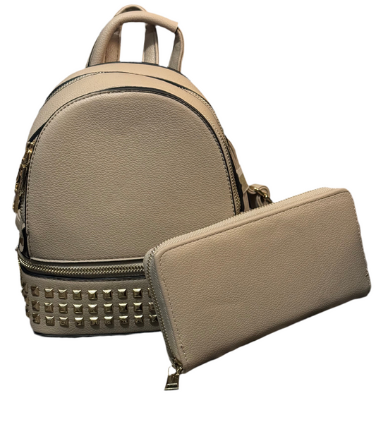 Beige Studded Backpack w/ Matching Wallet