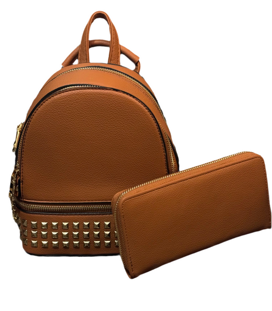 Cognac Studded Backpack w/ Matching Wallet
