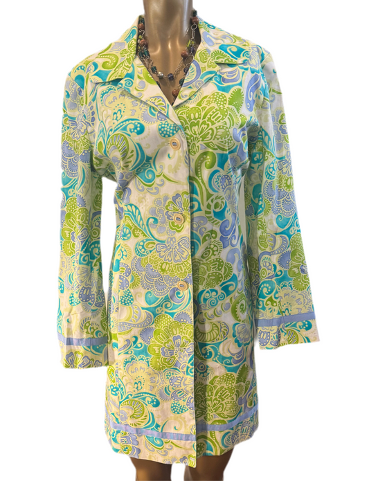Vtg Yves Cossette Depeche Mode Women's Cotton Aqua Lime Paisley Trench Coat  Size 12