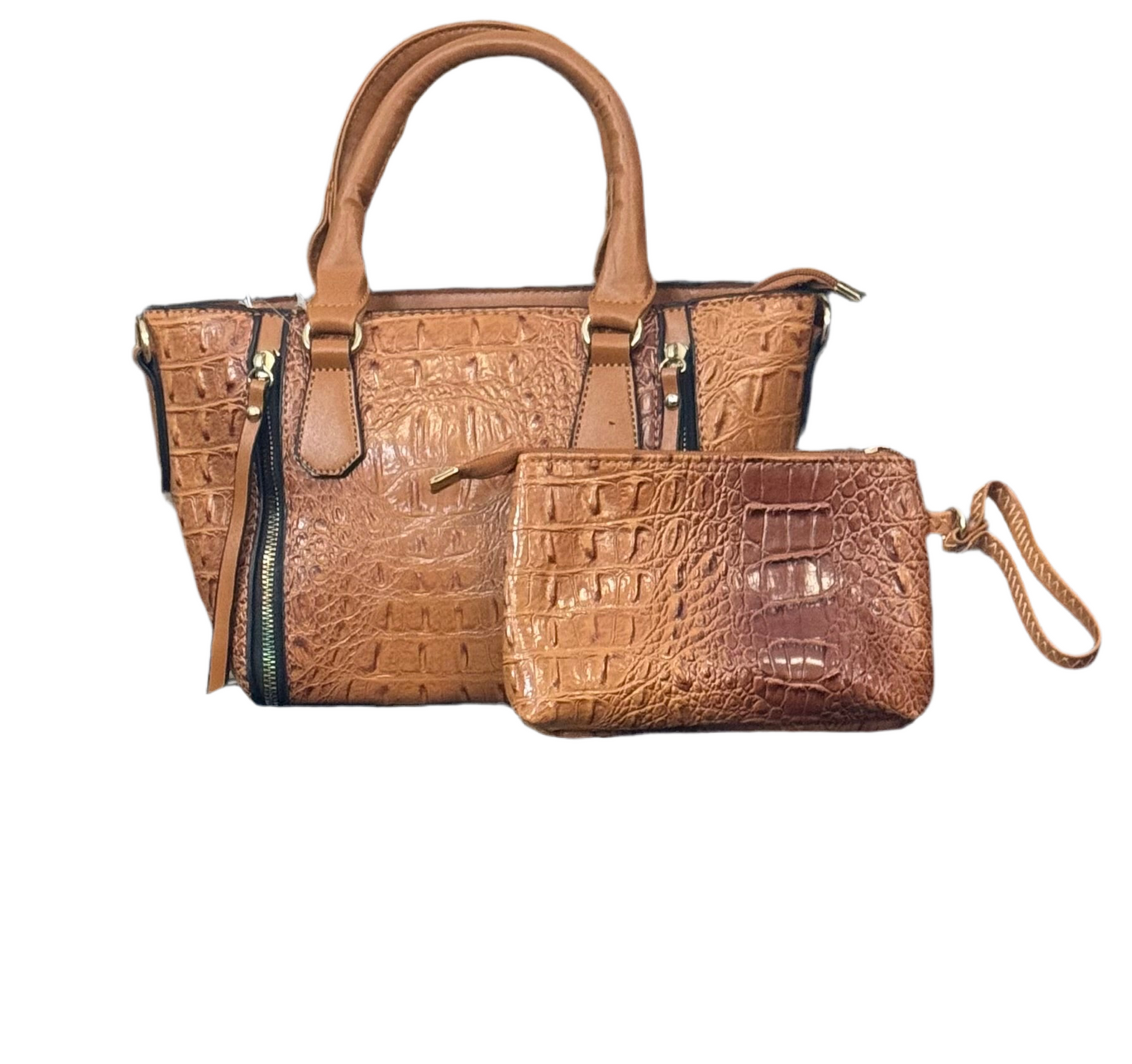 Cognac Croc Tote Pouch Set