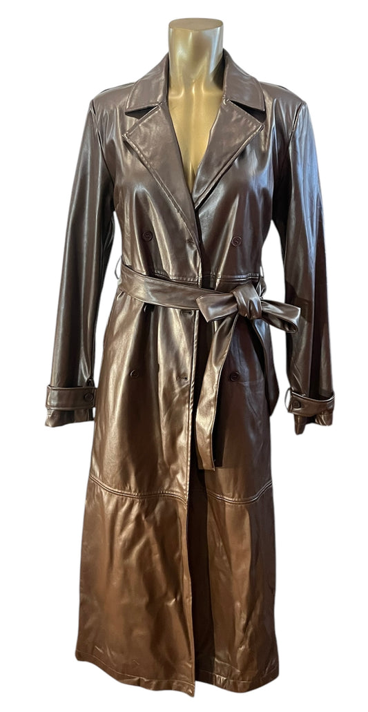Fashion Nova Brown Faux Leather Long Trench Coat W/ Belt  Size S