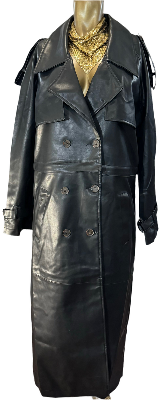 Black Detachable Hem Faux Leather  Trench Coat  Size 4
