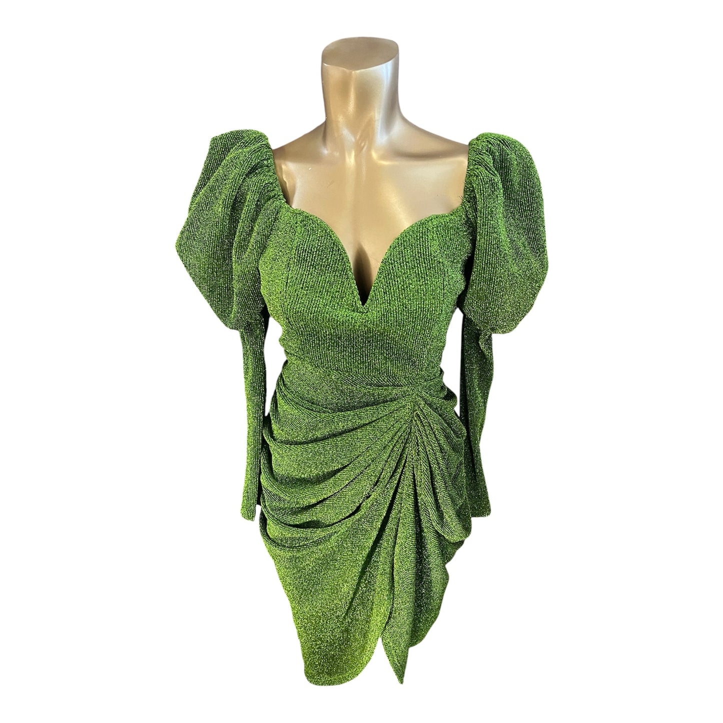 Green Glitter PrettyLittleThing Puffed Sleeve Size 2