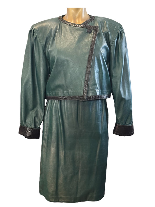 Tulipano di Filippo Burgio Florence Green Leather Vintage Women Suit  Size 40