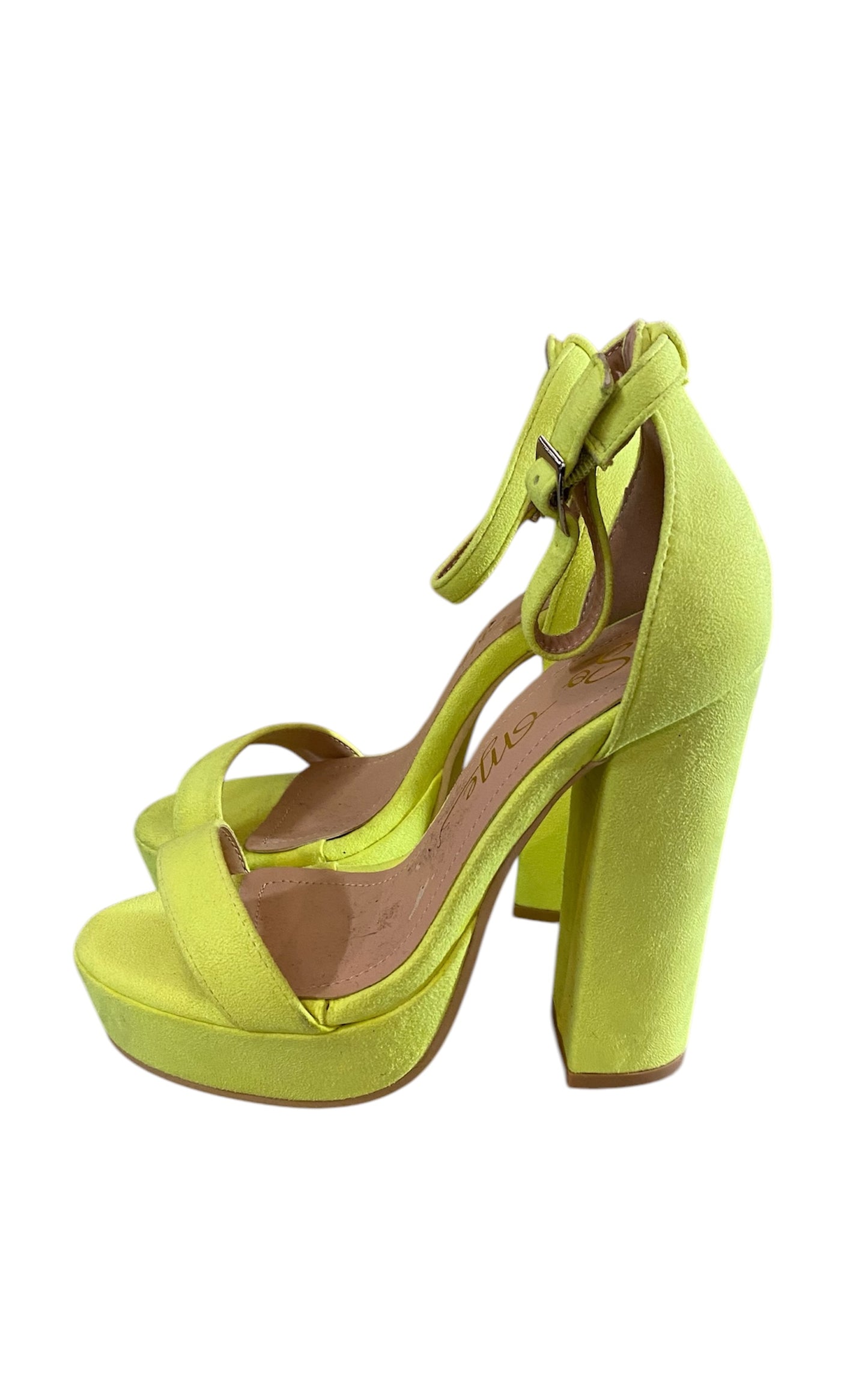 So Me Women's "Ragna" Yellow Faux Suede Ankle Strap Platform Block Heel Size 6