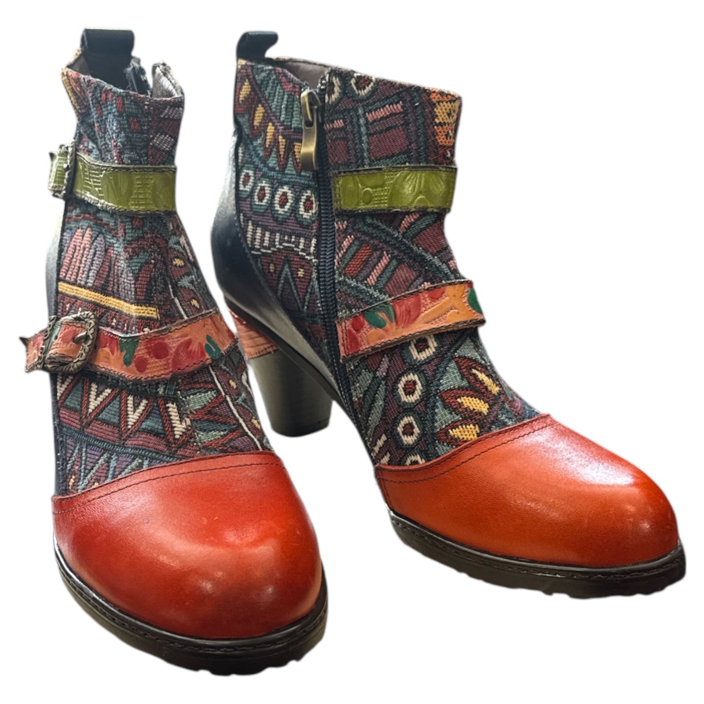 Socofy Retro Multicolor Embroidered Leather Ankle Cowboy Boot  Size 40(8.5)