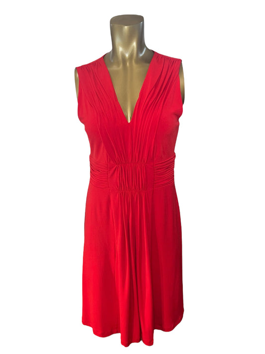 CALVIN KLEIN Red Stretch Pleated Shirred Corset Waistband V-neck Dress Size 6