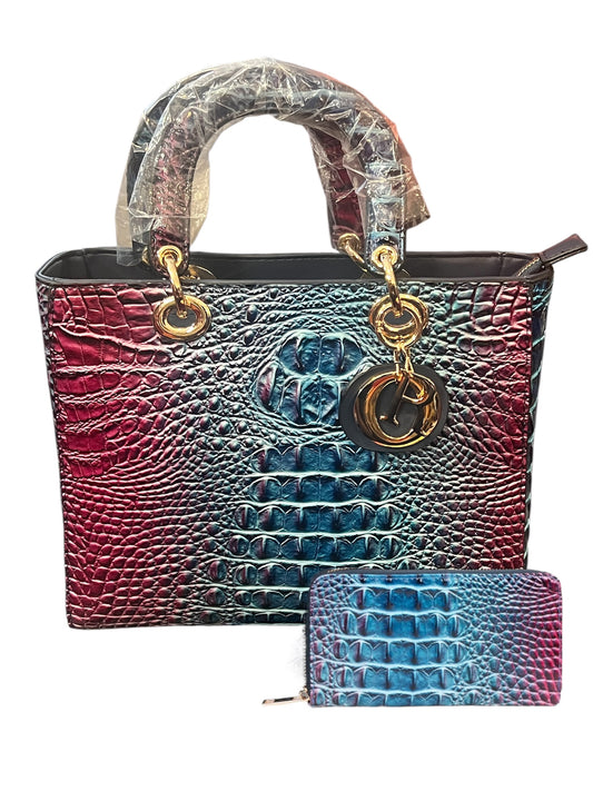 Dye Faux Croc Handbag w/ Wallet