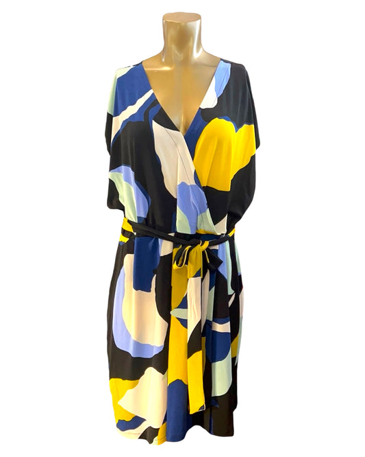 Nine West Size 2X Abstract Blue & Yellow Dress