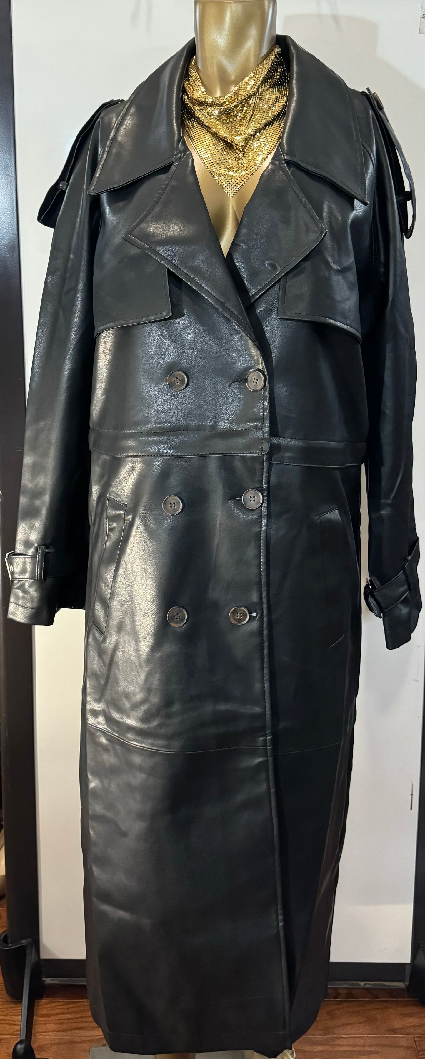 Black Detachable Hem Faux Leather  Trench Coat  Size 4