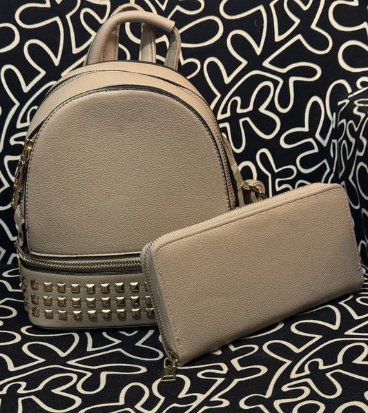 Beige Studded Backpack w/ Matching Wallet