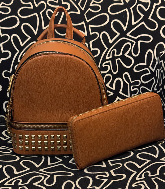 Cognac Studded Backpack w/ Matching Wallet