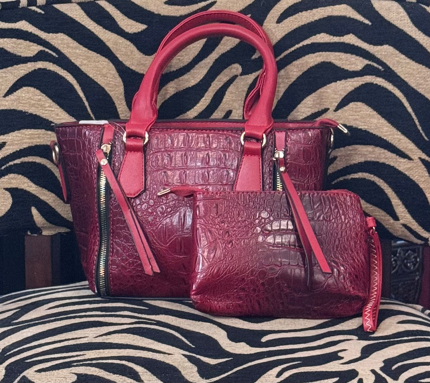 Red Croc Tote Pouch Set