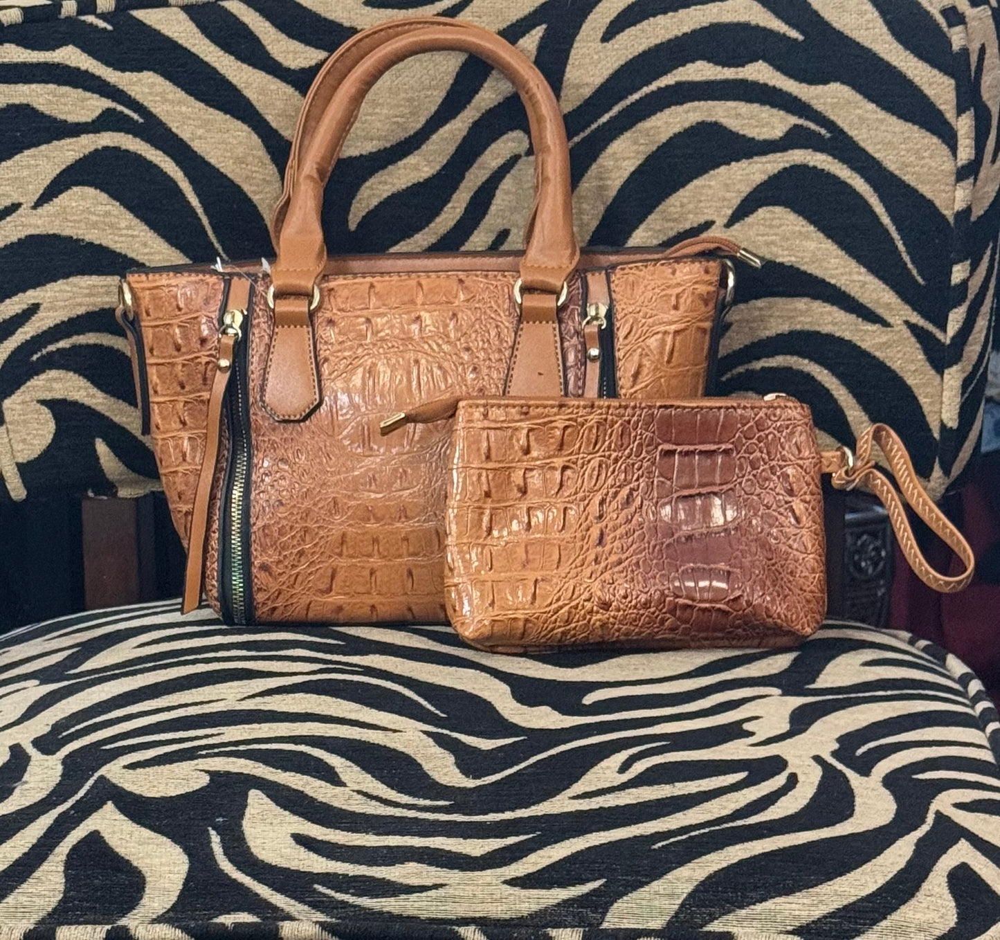 Cognac Croc Tote Pouch Set