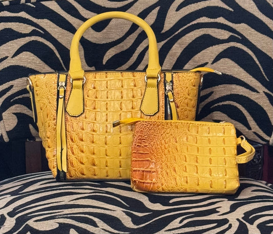 Yellow Croc Tote Pouch Set