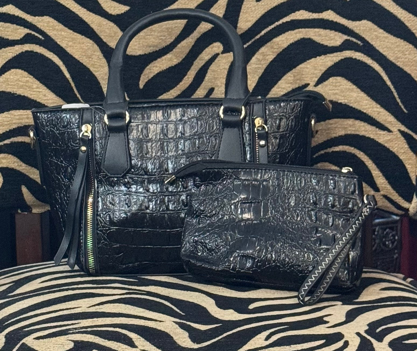 Black Croc Tote Pouch Set